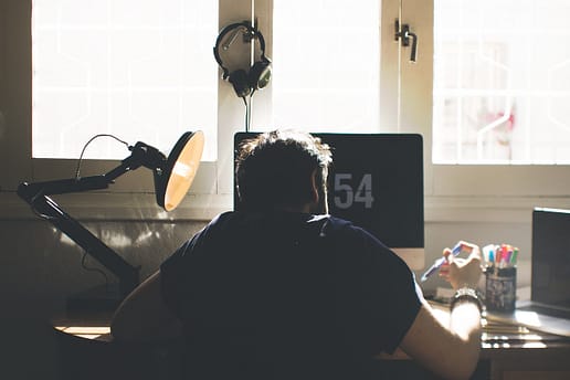 Lonely man working from home alone